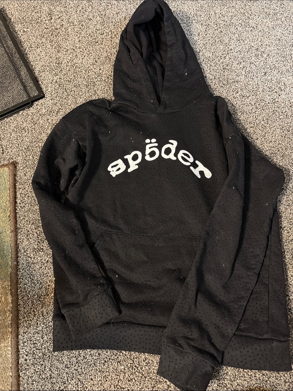 Sp5der Black Hooded Pullover Sweatshirt with White Logo